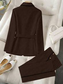 GlowEve CURVE Plus Size Women Patchwork Elegant Blazer + Straight Leg Pants, Commuter Outfit - Brown - View 2