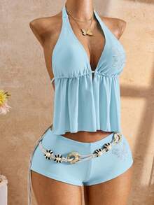 Bellisia 26SS Spring/Summer Vacation Beach Holiday Vacation Rhinestone Butterfly Print Halter Tankini Set Light Blue Tropical - Baby Blue - View 3