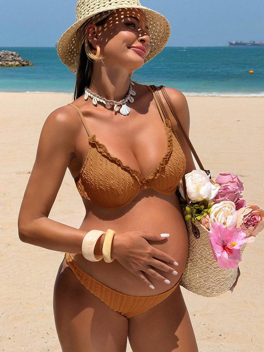 SHEIN 26SS 夏季海灘度假黃色碎花紋理面料孕婦泳衣套裝 - 棕色 - 查看 1