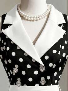 Fine & Folde Sleeveless Waist Splicing Polka Dot A-Line Elegant Romantic Sophisticated Ladies Dress - Black and White - View 5