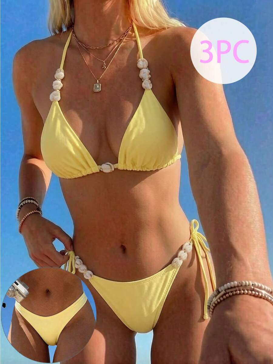 Swim Mod Bộ bikini 3 mảnh màu vàng gợi cảm buộc dây phía trước dành cho nữ, thích hợp cho bãi biển và kỳ nghỉ, mùa xuân/hè. - Màu vàng - Xem 1