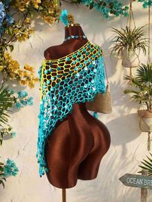 Amplova Áo khoác ngoài móc gợi cảm phong cách avant-garde cho nữ, phù hợp đi nghỉ dưỡng, áo crop top móc vai lệch đính sequin, màu xanh ombre dễ thương, hàng mới về cho đi biển và resort - Màu xanh lam - Xem 2