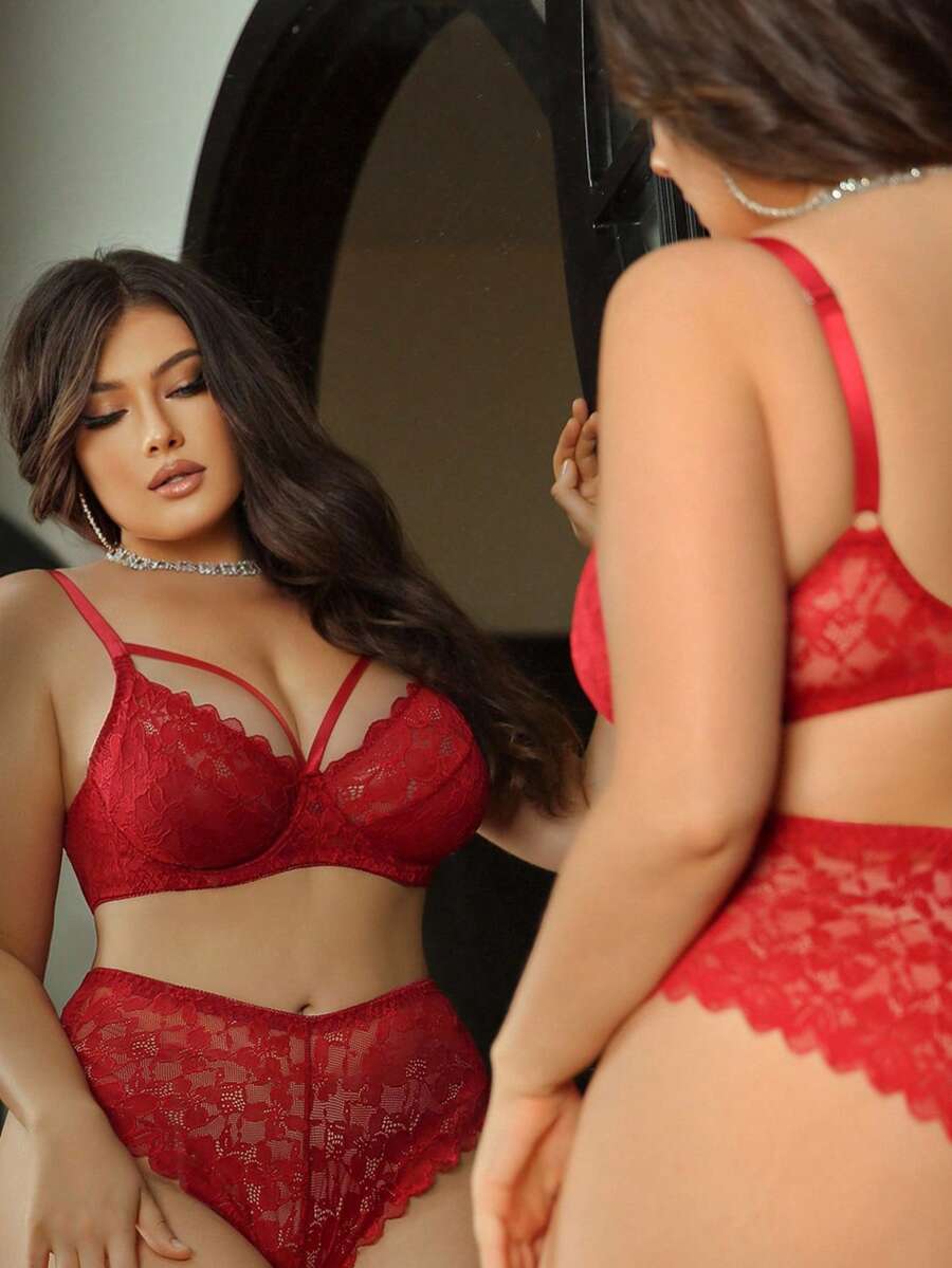 SHEIN 2pcs Plus Size Women Lace Padded Bra Set - Red - View 1