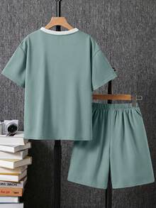 2pcs Tween Boy Casual Contrast Color Round Neck Short Sleeve T-Shirt And Shorts Set,Sage Green,Summer,School,Back-To-School,Outing,Sports,Holiday - Mint Green - View 4