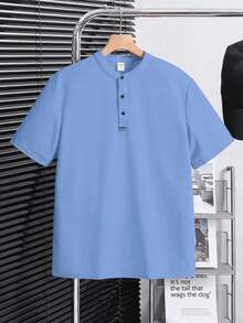 SHEIN 青少年男款休閒條紋拼接針織寬鬆 Polo 衫 - 淺藍色 - 查看 3
