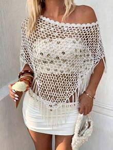 Selianne Women's Casual Boho Vacation Crochet Sequin Embellished Tasseled Hem Knit Top Beach Cream Summer - White - View 3