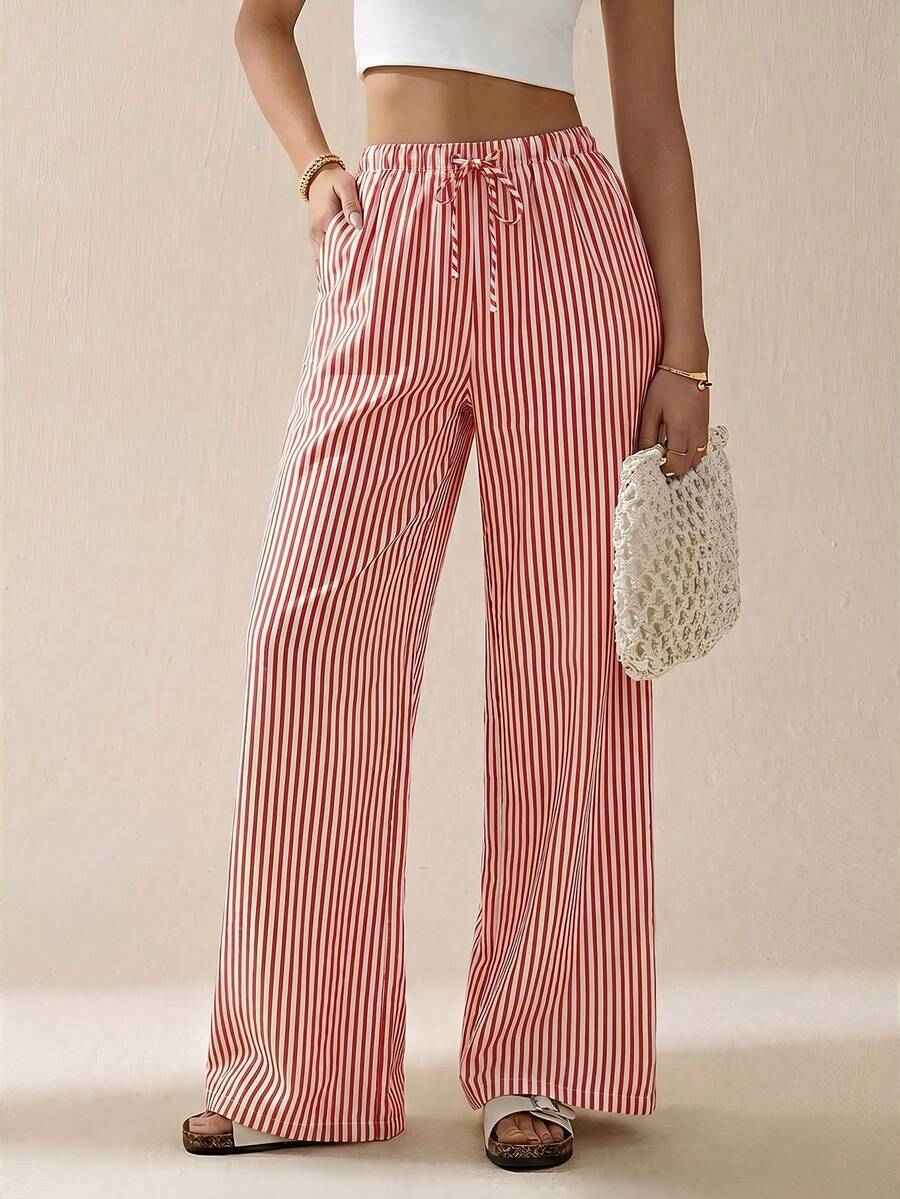SHEIN Tall Striped & Printed Casual Daily Wear Women Spring/Summer Long Pants - Red - View 1