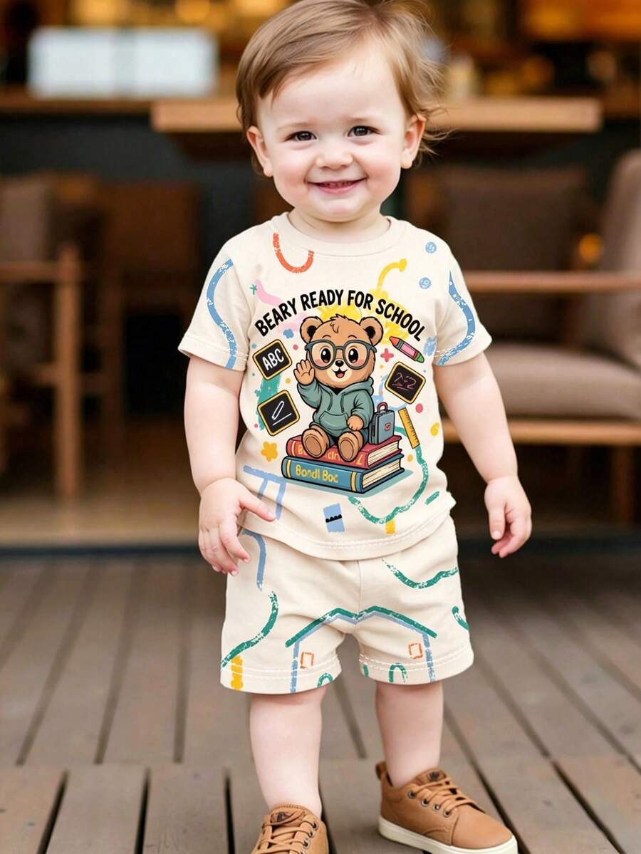 一套幼儿卡通小熊印花短袖校服套装,涂鸦风格T恤和短裤两件套,休闲校园风,活力可爱返校装 - 彩色 - 查看 1