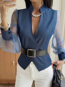Livesso Áo denim nữ thời trang tay lưới - trắng - Xem 6