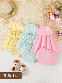 SHEIN Playful Pals 宝宝夏季必备！甜美碎花吊带连衣裙+三角短裤两件套，清新配色，适合日常穿着和外出。 - 彩色 - 查看 3