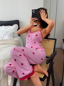 Napfluff V-Neck Striped Heart Print Camisole & Pants Pajama Set - Multicolor - View 5