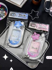 Silver Y2K Retro Flip Phone Card Holder, PU Leather Dual SIM ID Card Organizer, Mini Wallet Pouch With Keychain Cute Fashion Accessories - Multicolor - View 4