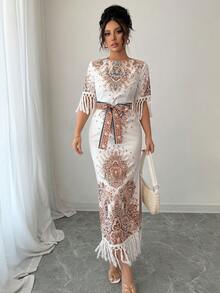 Rafferiza Round Neck Side Slit Hem Print Long Dress For Women - White - View 4