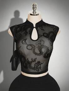 SHEIN ICON Women's Sexy Hollow Out Neck Sheer Mesh Dragon Print Fitted Cropped Sleeve T-Shirt, Autumn Club Night Black - Black - View 1