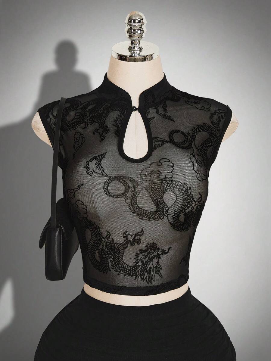 SHEIN ICON Women's Sexy Hollow Out Neck Sheer Mesh Dragon Print Fitted Cropped Sleeve T-Shirt, Autumn Club Night Black - Black - View 1
