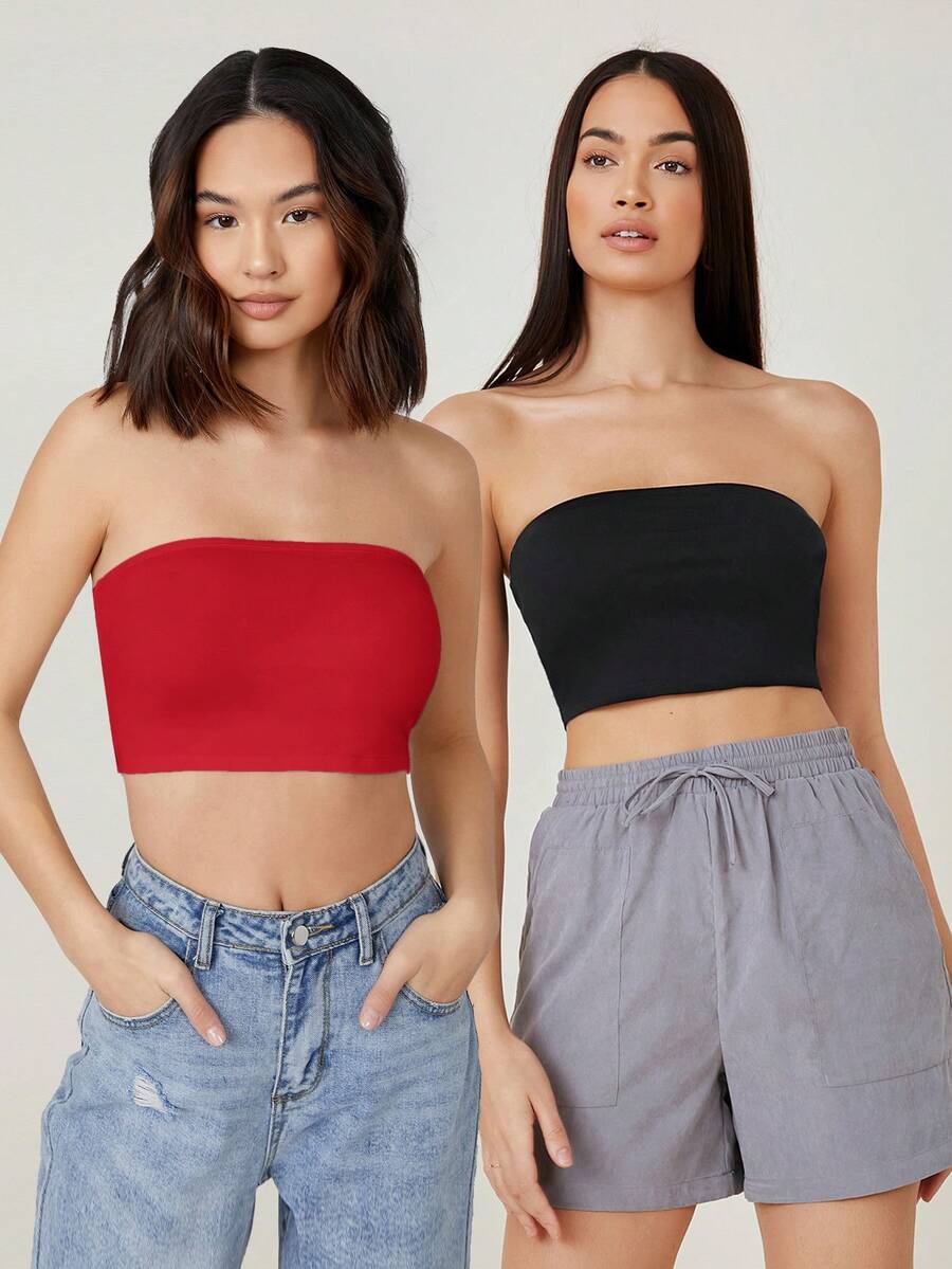 SHEIN BASICS 女士纯色舒适透气休闲简约设计短款露脐抹胸上衣，夏季