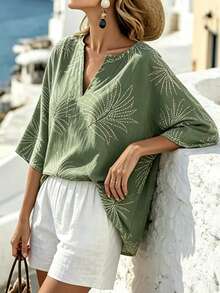 SHEIN Holidaya 優雅地中海風仿刺繡V領襯衫，復古休閒印花女上衣，適合春、夏、秋、冬，適用於通勤、辦公室、外出、約會、度假、日常穿著、母親節、婚禮、海灘 - 軍綠色 - 查看 6