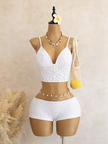 ROMWE Kawaii Bộ đồ bơi nữ phong cách Bohemian, áo hai dây ren trắng, quần short xếp tầng bèo nhún, thắt eo dây đen, phong cách Boho cho kỳ nghỉ bãi biển tiệc hồ bơi quyến rũ, mùa xuân lễ Phục sinh - trắng - Xem 5