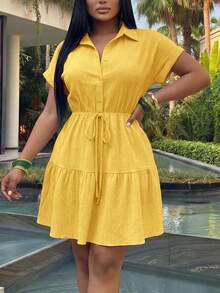 Slaydiva Plus Size Elegant Fitted Short Sleeve A-Line Ruffle Hem Shirt Dress,Yellow,Summer,Casual,Vacation,Holiday,Party,Birthday,Back To School,Campus Style - Yellow - View 1