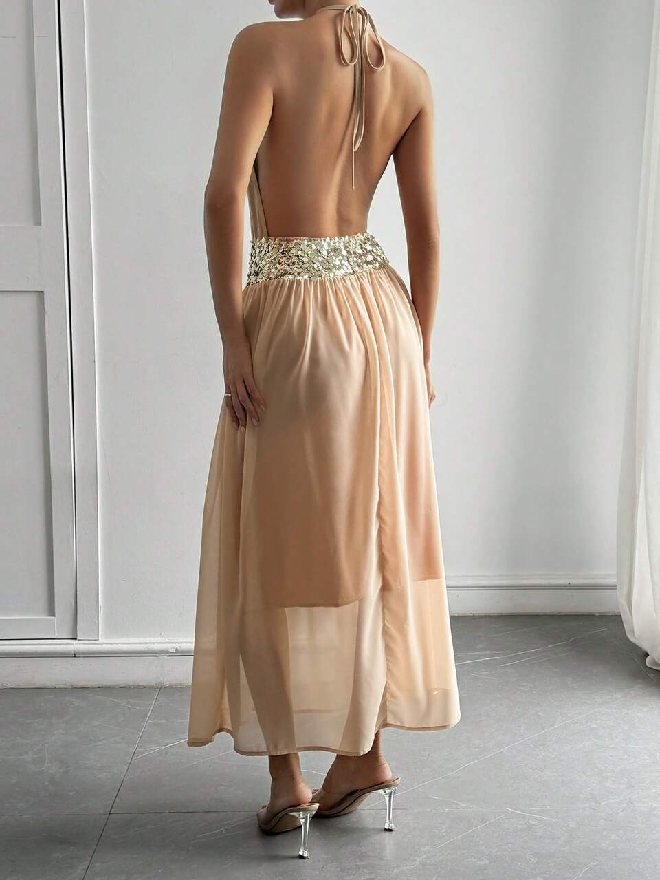 Women's Sequin Patchwork Halter Backless Sexy Elegant Date Night Dinner Party Vacation Dress Summer Beige