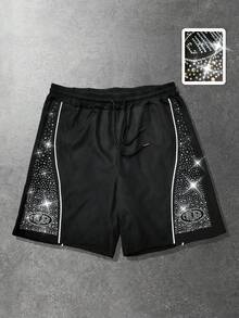 ROMWE MEN Pantalones cortos casuales con cordón de cintura y aplicaciones de strass con letras para hombres - Negro - Ver 1