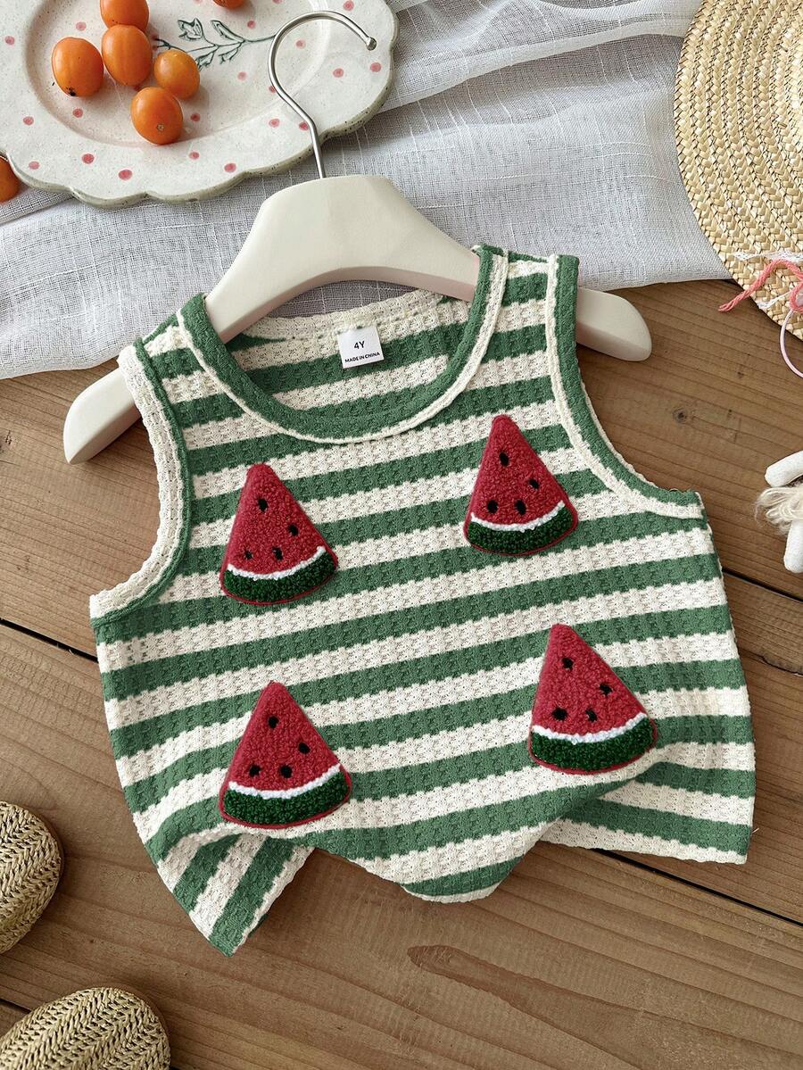 SHEIN LMoss Kids 女童西瓜图案条纹圆领休闲背心 - 綠色 - 查看 1