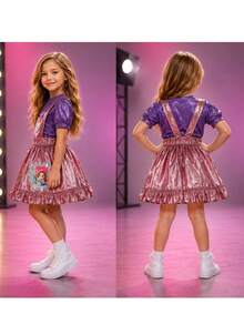 Vestido de princesa Lara para niña, disfraz de satén brillante con mangas abullonadas y top estampado de corazones para fiesta de cumpleaños. - Rosa - Ver 3
