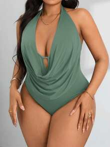 SHEIN PETITE CURVE Women's Plus Size Draped Front Backless Halter Bodysuit - Olive Green - View 3