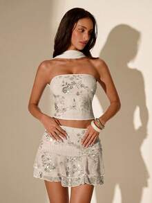 SHEIN Glamour 米色露肩无袖两件套，高端优雅套装，派对套装，演唱会服装，夜店服装，约会服装，花卉时尚，亮片套装，女士夏季套装，派对套装，婚礼宾客套装，浪漫两件套，时尚套装，闪亮套装，珠光套装，抹胸套装 - 米色 - 查看 4