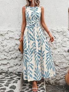 Solivie Sleeveless Crew Neck Twist Front Allover Print Dress - Baby Blue - View 7