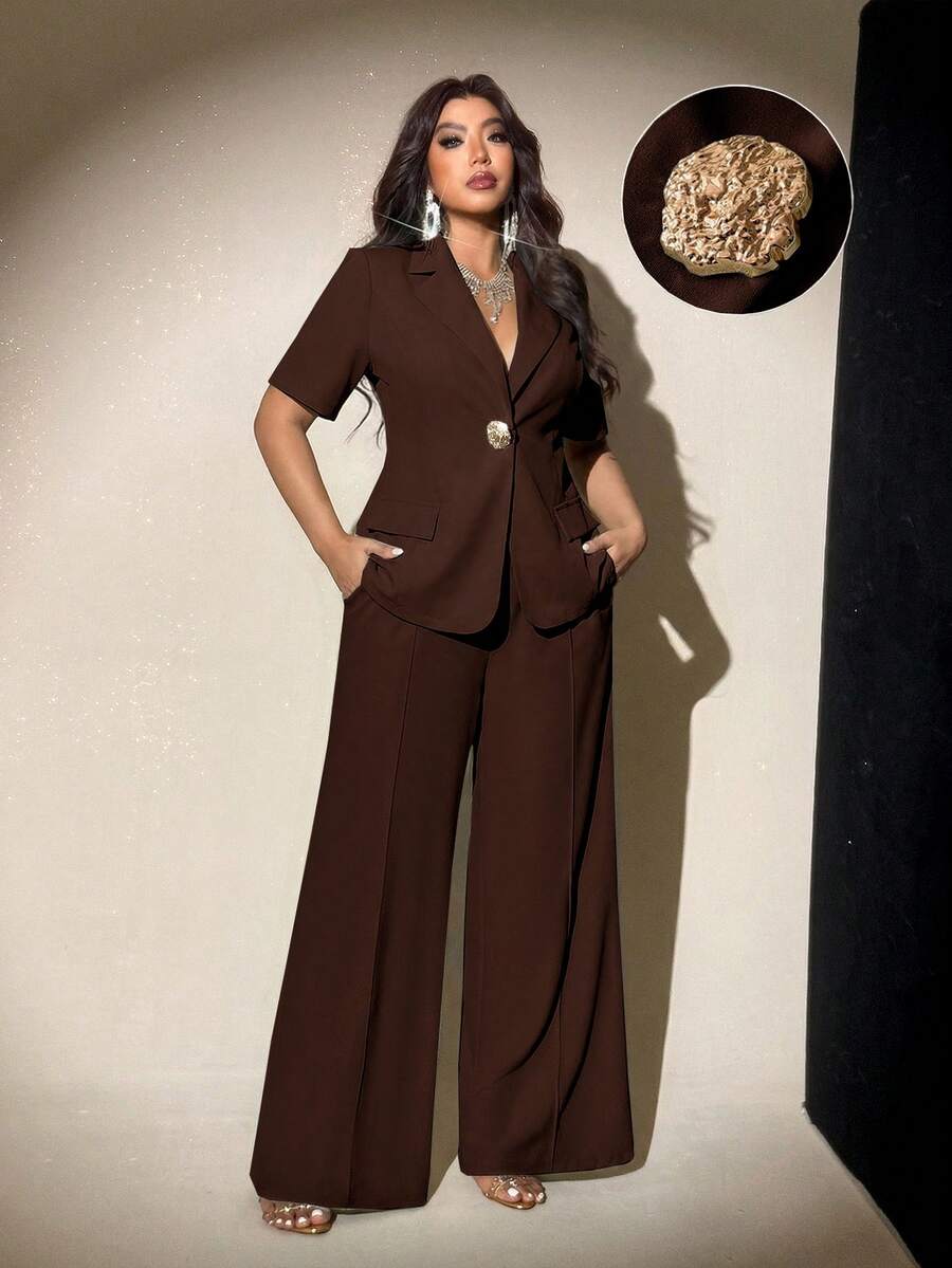Viva Relle Setelan Jas Bisnis Kasual Elegan Ukuran Plus, Blazer dan Celana Tipis Musim Panas Terbaru, Cocok untuk Perjalanan, Wawancara, dan Bisnis - Coklat - View 1