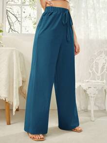 SHEIN Essnce Women's Solid Color Waist Tie Pocket Wide Leg Pants - Teal Blue - View 3