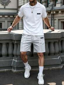 Manfinity Homme Men's White Summer Casual Vacation Outfit,Letter Print Short Sleeve Crew Neck T-Shirt And Shorts 2 Piece Set,Old Money Streetwear,Outdoor Activities - Multicolor - View 1
