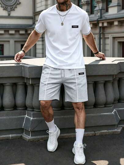 Manfinity Homme Men's Letter Print Short Sleeve T-Shirt And Shorts Casual Set,Men Old Money,Daily Leisure, Weekend Trips, Outdoor Activities, Travel Expeditions, Relaxed Work Environments Or Semi-Formal Occasions, Boyfriend/Husband Gift, Anniversary /Birthday Gift Party Summer Vacation Holiday,Wedding,Spring To Summer,Easter,Y2k,Vintage,Festival,Men's Casual Short Sleeve Crew Neck T-Shirt With Contrast Trim White Tunnel Logo Graphic Tee,Men Clothes Outfits Two Piece,Streetwear Clothes Mens,White Mens Outfit,Streetwear Shirt,Men Casual Shorts