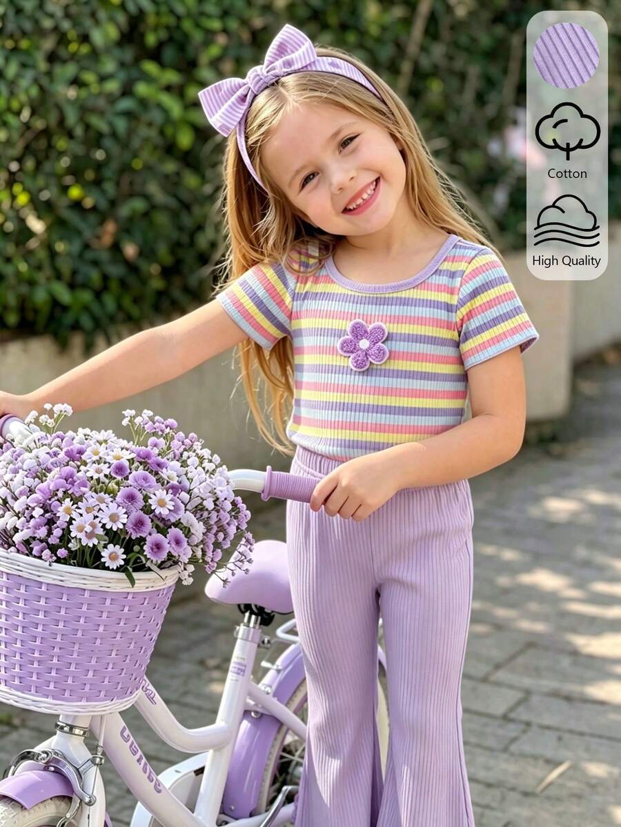 Elladie kids 两件套女童夏季彩虹条纹多巴胺新款套装,彩色条纹短袖圆领T恤搭配浅紫色罗纹喇叭裤,T恤上饰有紫色3D立体花朵图案,柔软罗纹针织面料,彩虹条纹T恤搭配淡紫色休闲裤,甜美百搭,适合可爱舒适的小女孩,简约时尚,适合日常、上学、度假、派对、海滩等场合。 - 淡紫色 - 查看 1
