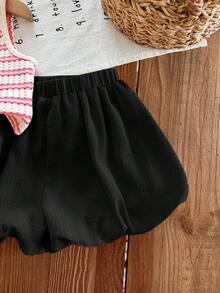 SHEIN LMoss Kids 女婴可爱夏季条纹 Polo 领背心和松紧腰荷叶边短裤套装 - 粉色 - 查看 5