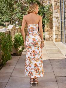 KARISMINA 女士度假修身弹力印花开衩无肩带连衣裙，适合度假、音乐节、假日约会、下午茶等场合。 - 黃色 - 查看 2