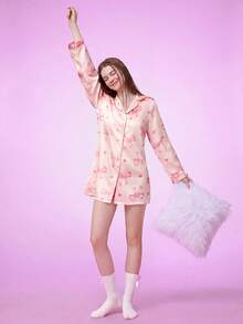 Notgurli Faux Silk Bow Print Collared Sleep Dress, Luxe Loungewear, Moo Moo, Fall, Winter - Pink - View 7
