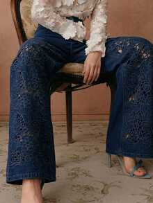 Anewsta Women's Elegant High-Waisted Embroidered Hollow-Out Loose Wide-Leg Jeans, Suitable For Spring Valentine's Day Party - Dark Wash - View 3
