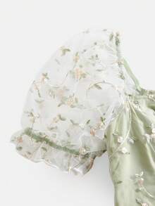SHEIN 少女时尚百搭法式优雅小碎花刺绣网纱褶皱泡泡袖收腰露背中长连衣裙，薄荷绿，适合各种场合，如仪式、派对、各种场合，新款少女连衣裙，通勤、优雅、海滩、波西米亚风、夏威夷风、音乐节、约会、春夏 - 綠色 - 查看 8