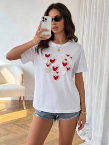 SHEIN Cottnline Damen Premium Weiß Baumwolle T-Shirt mit 3D Kunstperlen-Applikationen in Herzform, Touchscreen-Akzenten und eleganter femininer Silhouette für den Alltag - Weiss - Übersicht 1