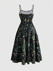 ROMWE Fairycore Summer Boho Vacation Crescent Moon & Plant Retro All-Over Print Plus Size Women Spaghetti Strap Dress - Multicolor - View 2