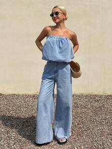 Livesso Bộ áo quây và quần jeans dành cho nữ - Rửa nhẹ - Xem 5