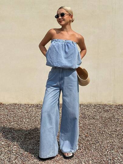 Livesso Women's Bandeau Top And Jeans Set