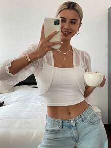 DAZY Solid Flounce Sleeve Crop Blouse,Ruffle Sheer,Fall Women Clothes Long Sleeve Top - White - View 14