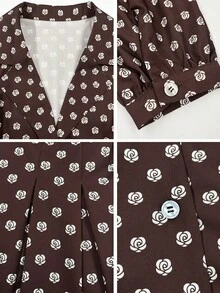 SHEIN PariChic Đầm dài tay màu cà phê thanh lịch dành cho nữ, họa tiết hoa hồng lãng mạn phủ khắp thân đầm, có thắt lưng nơ, hàng cúc phía trước và thiết kế thời trang, phù hợp cho mùa thu/đông, xuân/hè, kỳ nghỉ, hẹn hò ngày Valentine, sinh nhật, dáng chữ A và kiểu đầm ngắn tay phồng dễ thương, lãng mạn. - Cà phê - Xem 5
