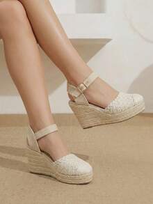 Styleloop Giày đế xuồng nữ bằng dây gai dầu, chất liệu đan từ rơm, màu be, kiểu dáng đơn giản, thích hợp cho đi chơi, nghỉ mát, hẹn hò hàng ngày, đi biển, du lịch biển, phong cách thường ngày. - Màu be - Xem 1