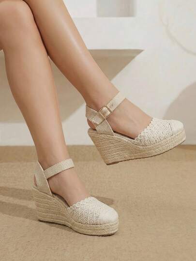 Styleloop Giày cao gót đế xuồng dệt từ dây gai dầu và rơm màu be dành cho nữ, kiểu dáng quai ngang mắt cá chân, thích hợp cho đi chơi, nghỉ mát, hẹn hò hàng ngày, đi biển, du lịch, phong cách thường ngày.