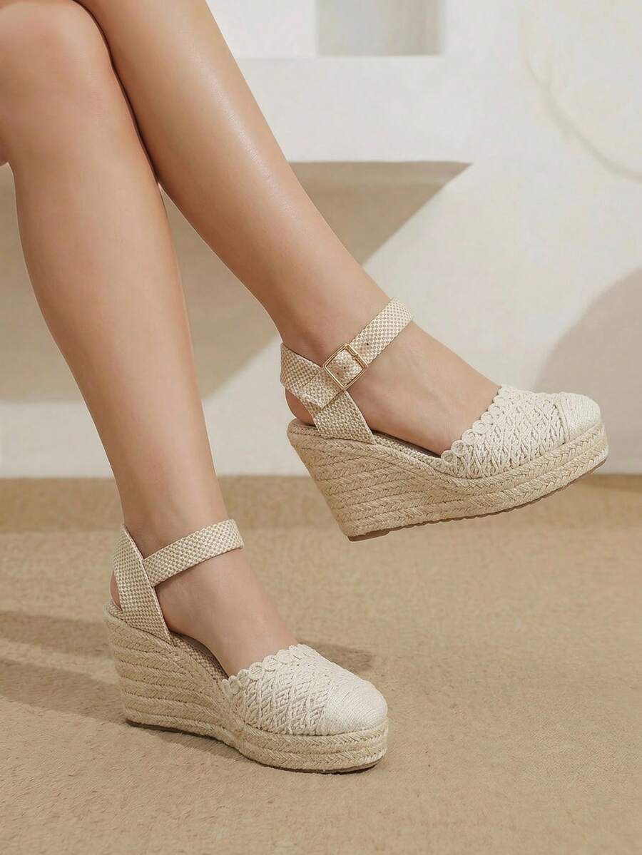 Styleloop Giày đế xuồng nữ bằng dây gai dầu, chất liệu đan từ rơm, màu be, kiểu dáng đơn giản, thích hợp cho đi chơi, nghỉ mát, hẹn hò hàng ngày, đi biển, du lịch biển, phong cách thường ngày. - Màu be - Xem 1