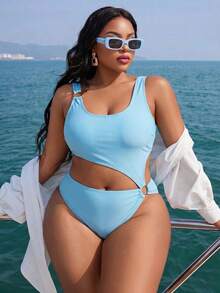Slaydiva Plus Size Women Summer Hollow Ring One-Piece Swimsuit And Beach Skirt - Blue - View 4